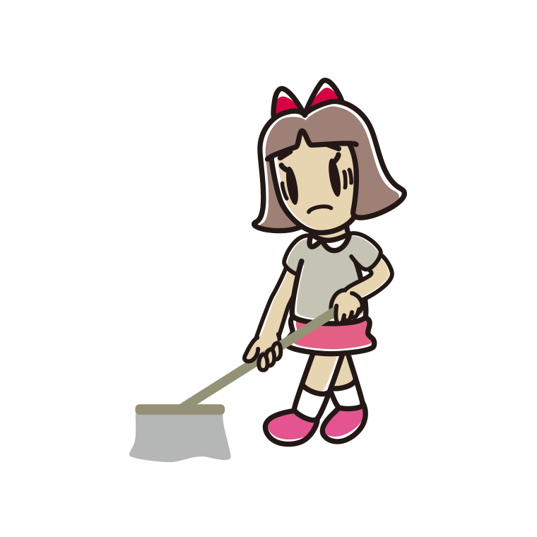 モップがけで困る小学生女子のイラスト【色あり、背景なし】透過PNG