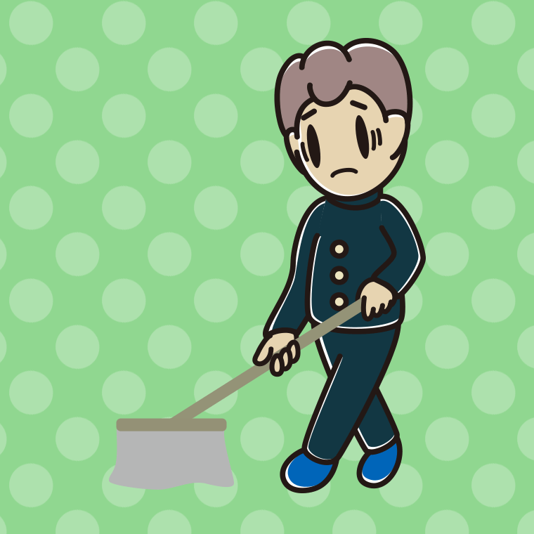 モップがけで困る男子中学生のイラスト【色、背景あり】PNG