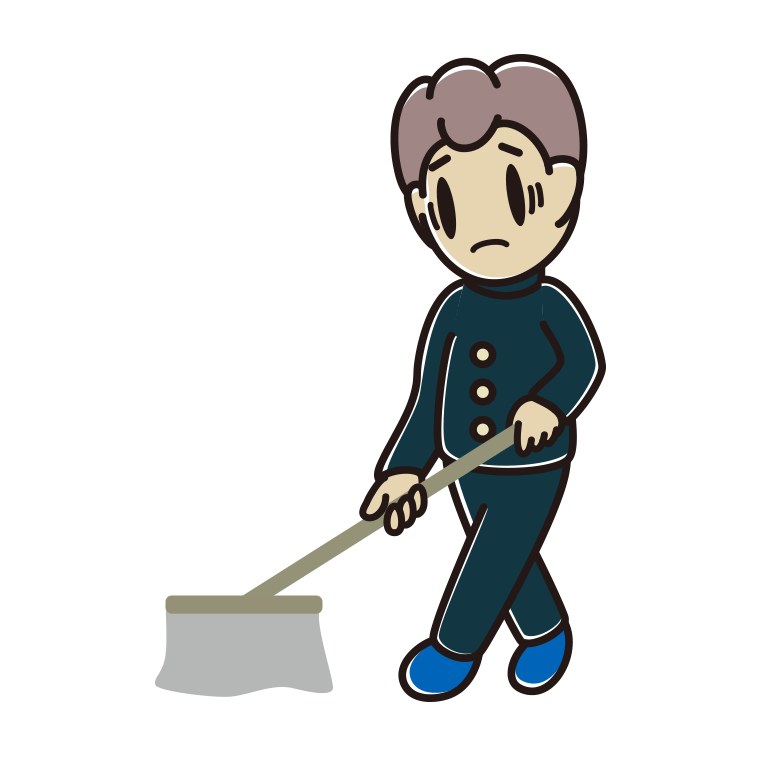 モップがけで困る男子中学生のイラスト【色あり、背景なし】透過PNG