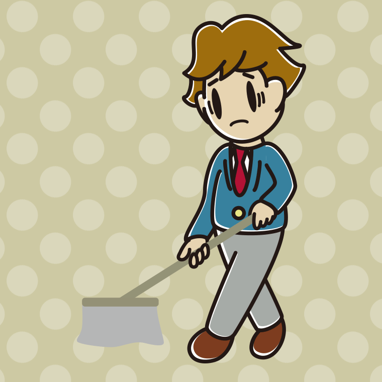 モップがけで困る男子高校生のイラスト【色、背景あり】PNG