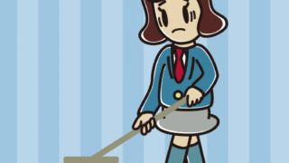 モップがけで困る女子高校生のイラスト【色、背景あり】PNG