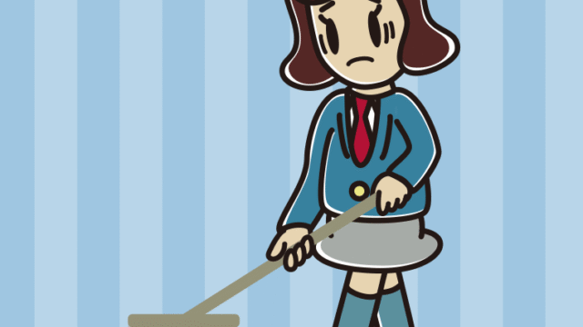 モップがけで困る女子高校生のイラスト【色、背景あり】PNG