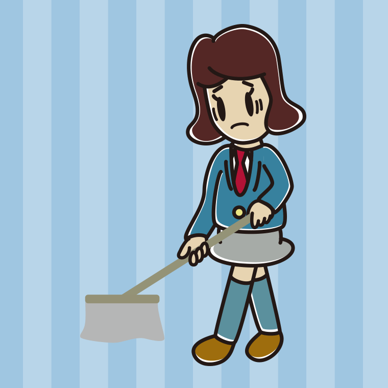 モップがけで困る女子高校生のイラスト【色、背景あり】PNG
