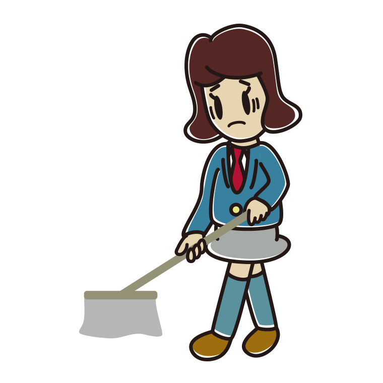 モップがけで困る女子高校生のイラスト【色あり、背景なし】透過PNG