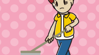 モップがけで困る男子大学生のイラスト【色、背景あり】PNG