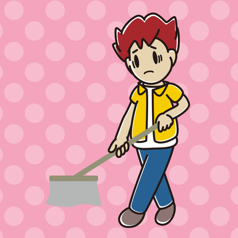 モップがけで困る男子大学生のイラスト【色、背景あり】PNG