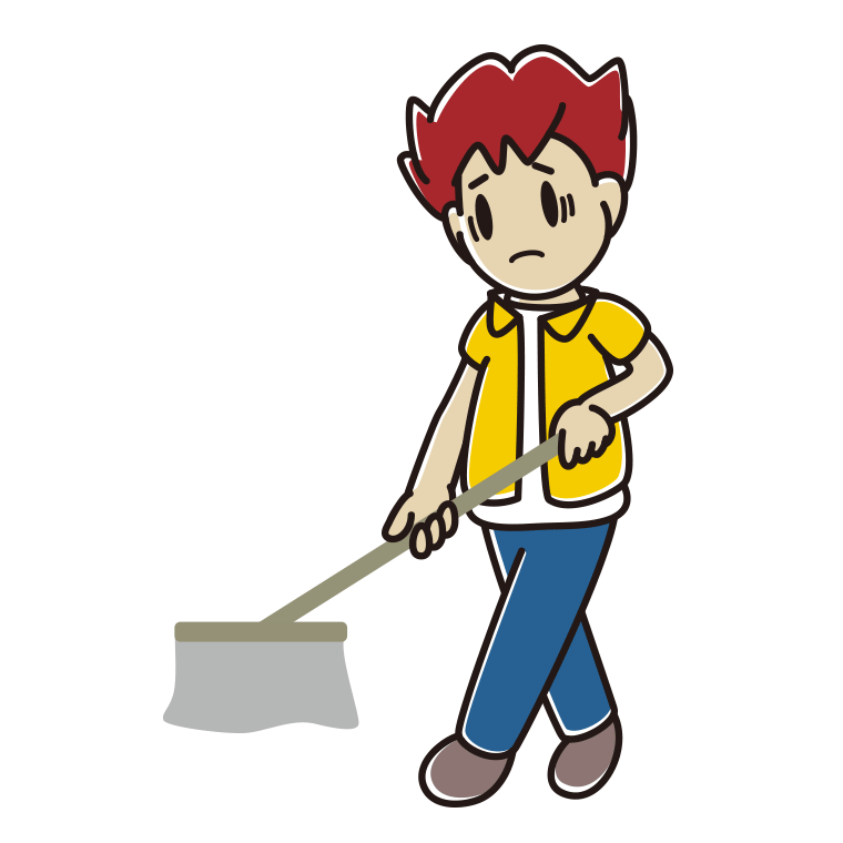 モップがけで困る男子大学生のイラスト【色あり、背景なし】透過PNG