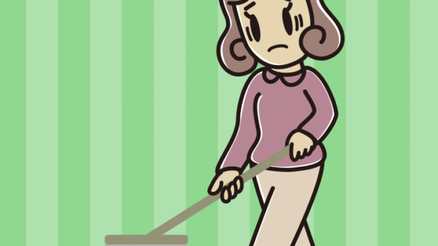 モップがけで困る女子大学生のイラスト【色、背景あり】PNG