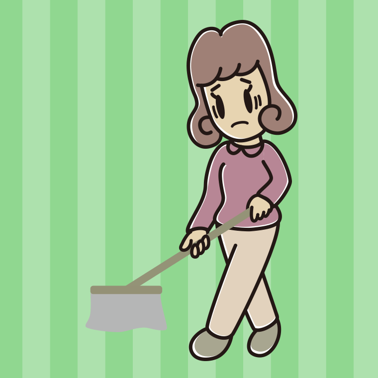 モップがけで困る女子大学生のイラスト【色、背景あり】PNG