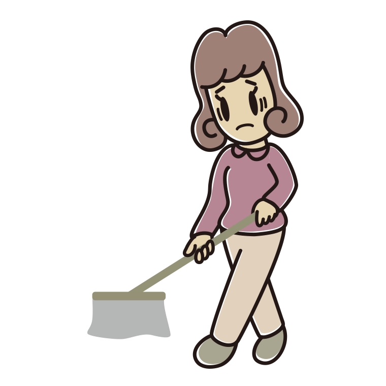 モップがけで困る女子大学生のイラスト【色あり、背景なし】透過PNG