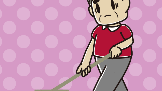 モップがけで困るおじさんのイラスト【色、背景あり】PNG