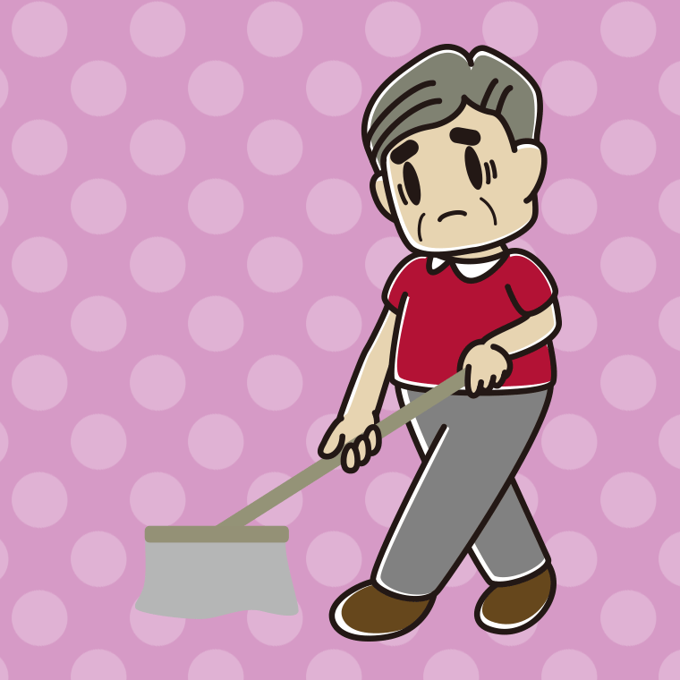 モップがけで困るおじさんのイラスト【色、背景あり】PNG
