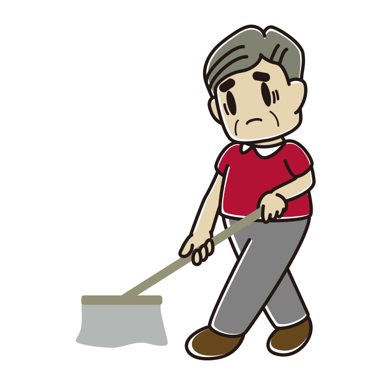 モップがけで困るおじさんのイラスト【色あり、背景なし】透過PNG
