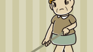 モップがけで困るおばさんのイラスト【色、背景あり】PNG