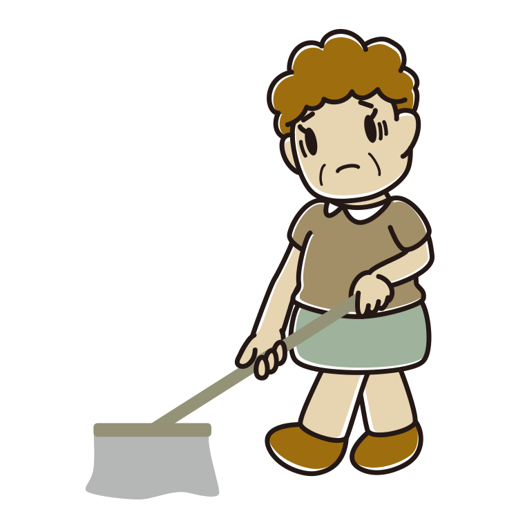 モップがけで困るおばさんのイラスト【色あり、背景なし】透過PNG