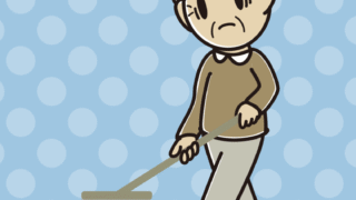 モップがけで困るおじいさんのイラスト【色、背景あり】PNG