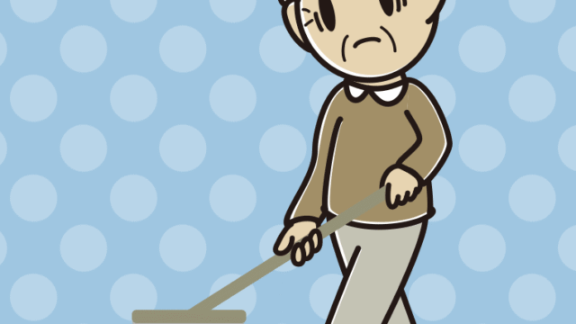 モップがけで困るおじいさんのイラスト【色、背景あり】PNG