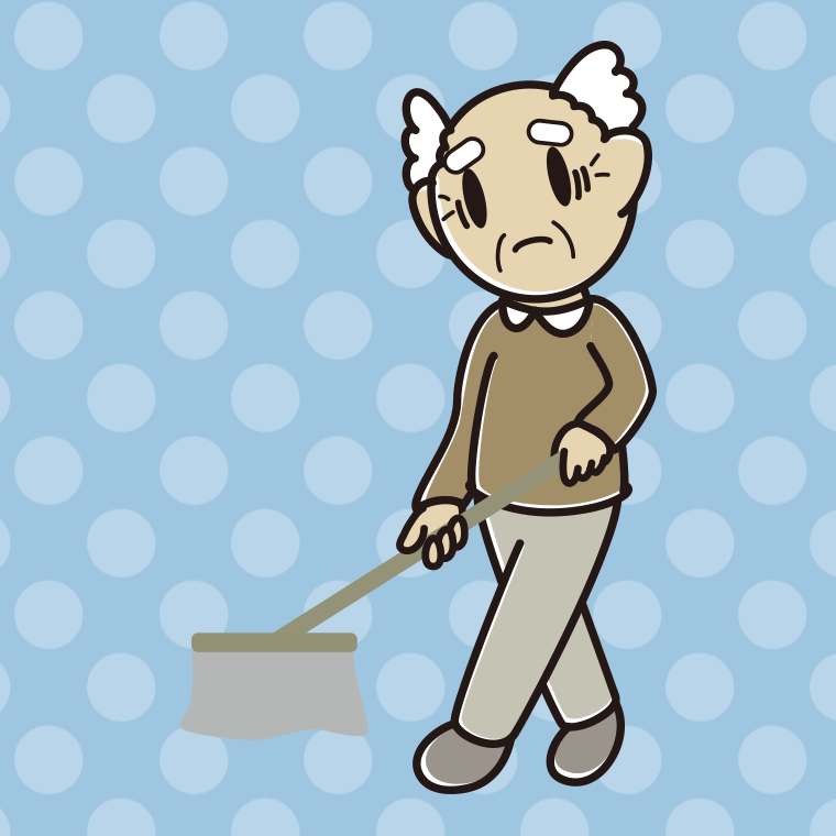 モップがけで困るおじいさんのイラスト【色、背景あり】PNG