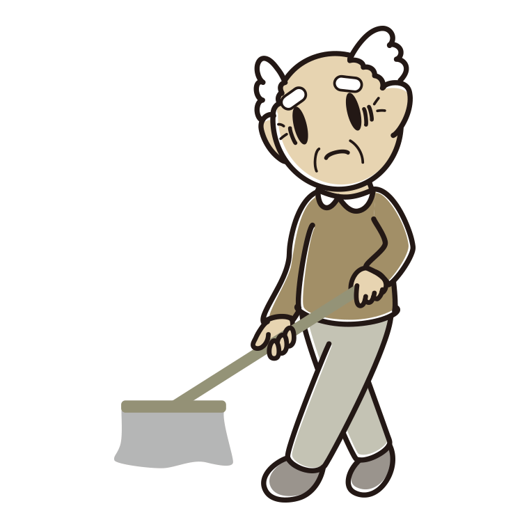 モップがけで困るおじいさんのイラスト【色あり、背景なし】透過PNG