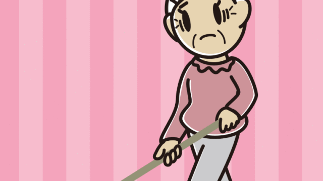 モップがけで困るおばあさんのイラスト【色、背景あり】PNG