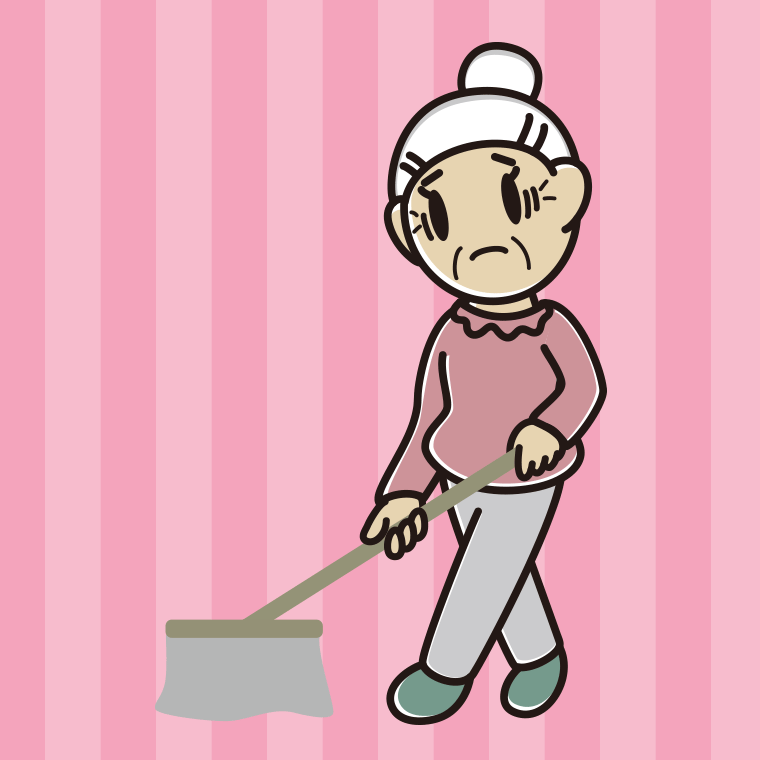 モップがけで困るおばあさんのイラスト【色、背景あり】PNG