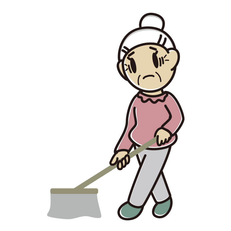 モップがけで困るおばあさんのイラスト【色あり、背景なし】透過PNG