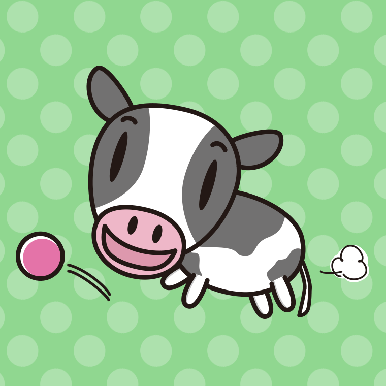 ボールを追う牛ちゃんのイラスト【色、背景あり】PNG