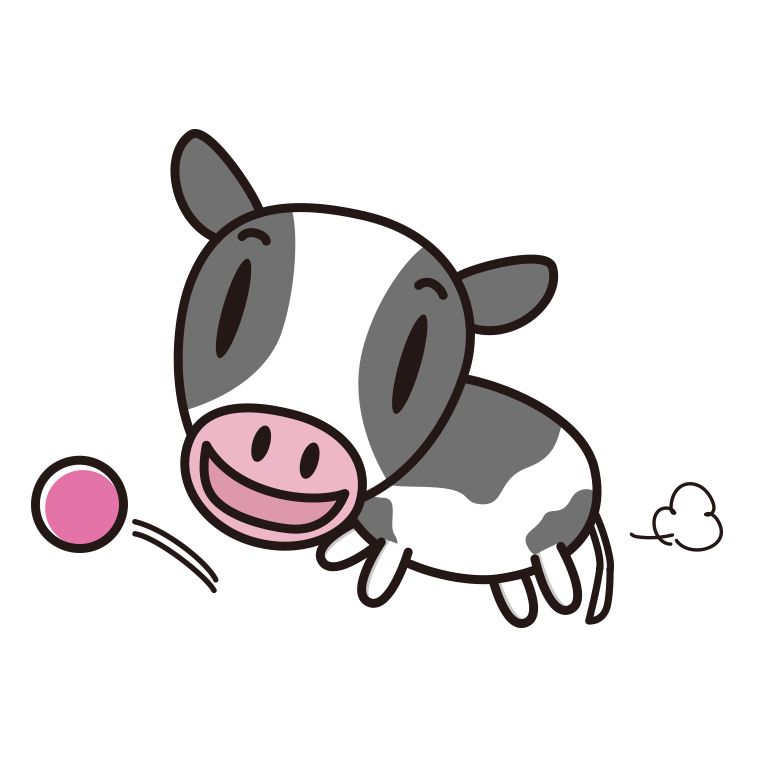 ボールを追う牛ちゃんのイラスト【色あり、背景なし】透過PNG
