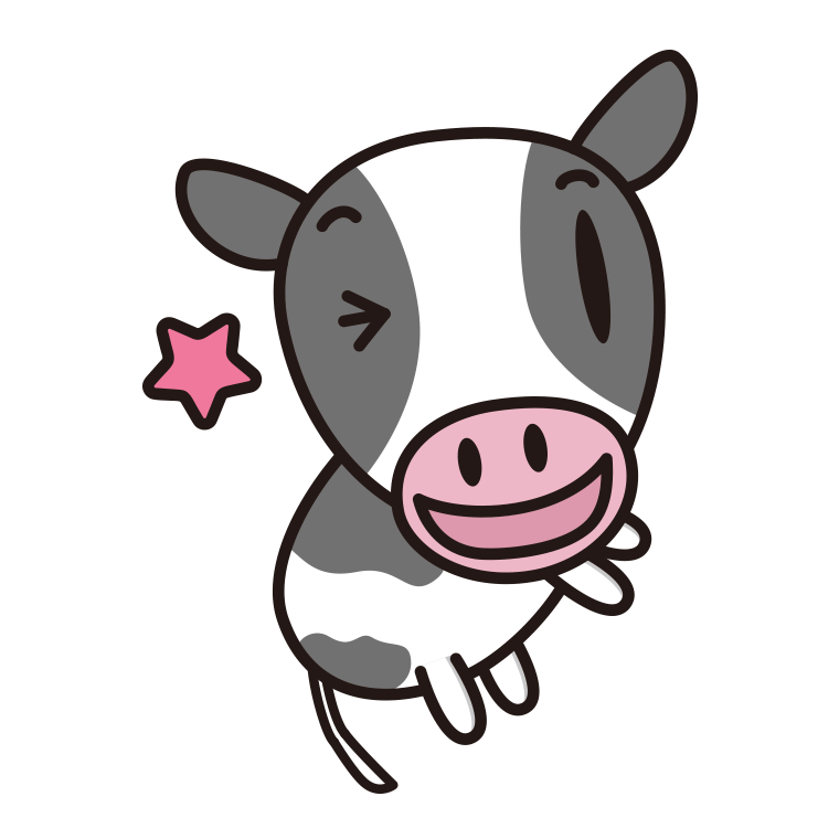 ウインクする牛ちゃんのイラスト【色あり、背景なし】透過PNG