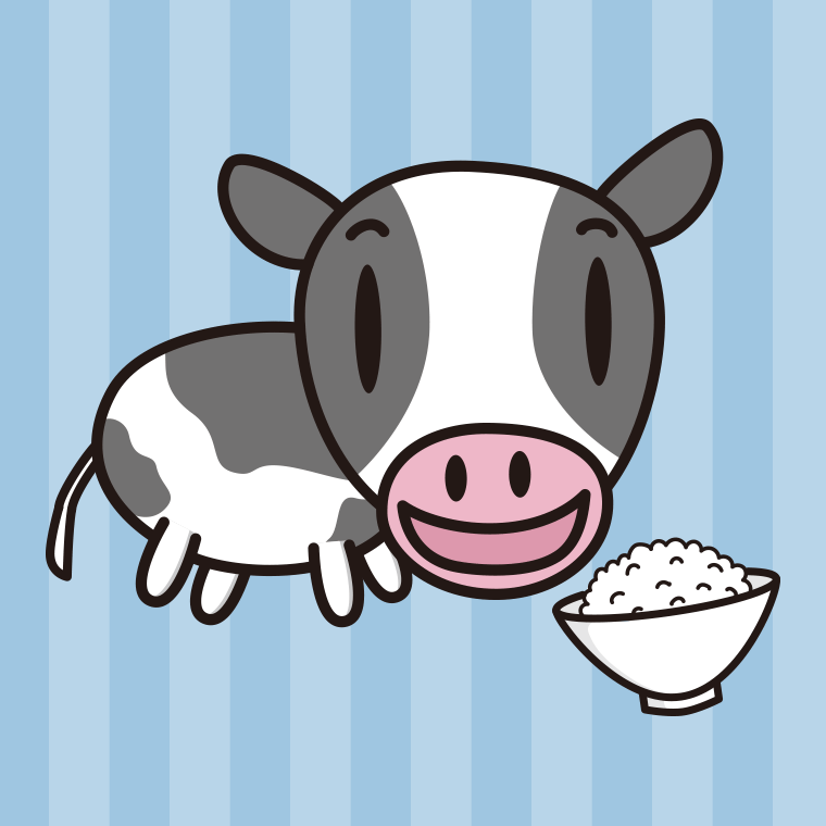 ごはんを食べる牛ちゃんのイラスト【色、背景あり】PNG