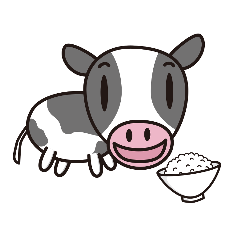 ごはんを食べる牛ちゃんのイラスト【色あり、背景なし】透過PNG