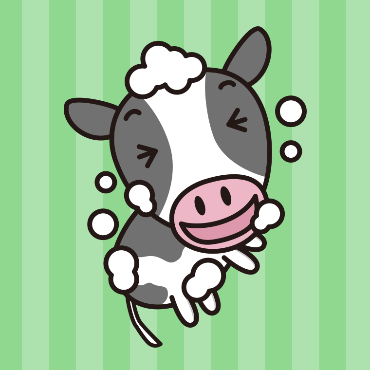 体を洗う牛ちゃんのイラスト【色、背景あり】PNG