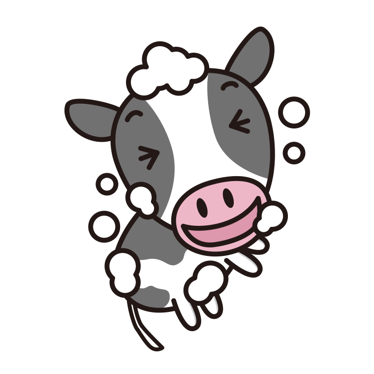 体を洗う牛ちゃんのイラスト【色あり、背景なし】透過PNG