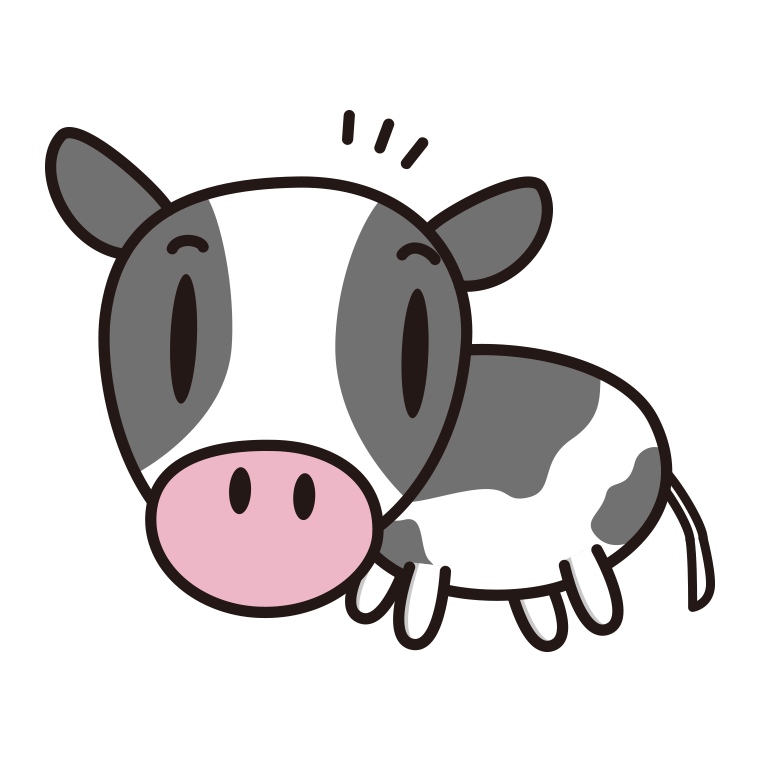 何かに気付く牛ちゃんのイラスト【色あり、背景なし】透過PNG