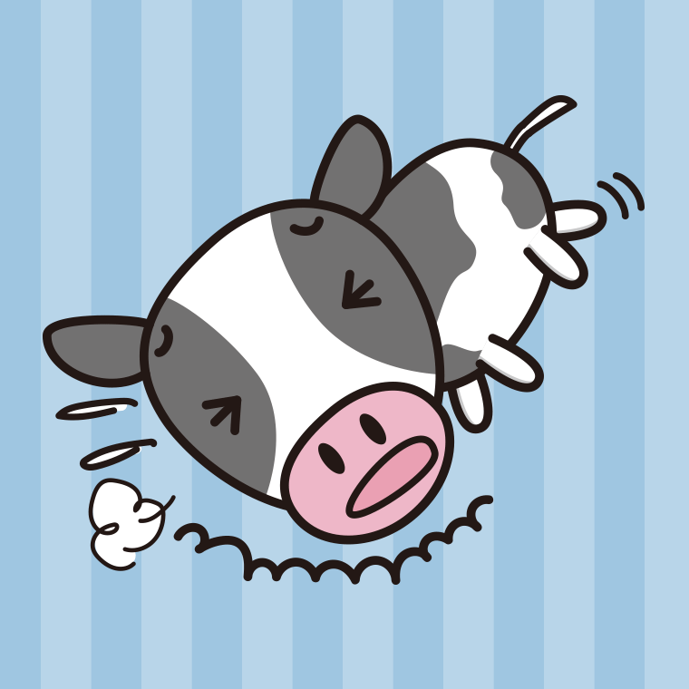 ズッコケる牛ちゃんのイラスト【色、背景あり】PNG