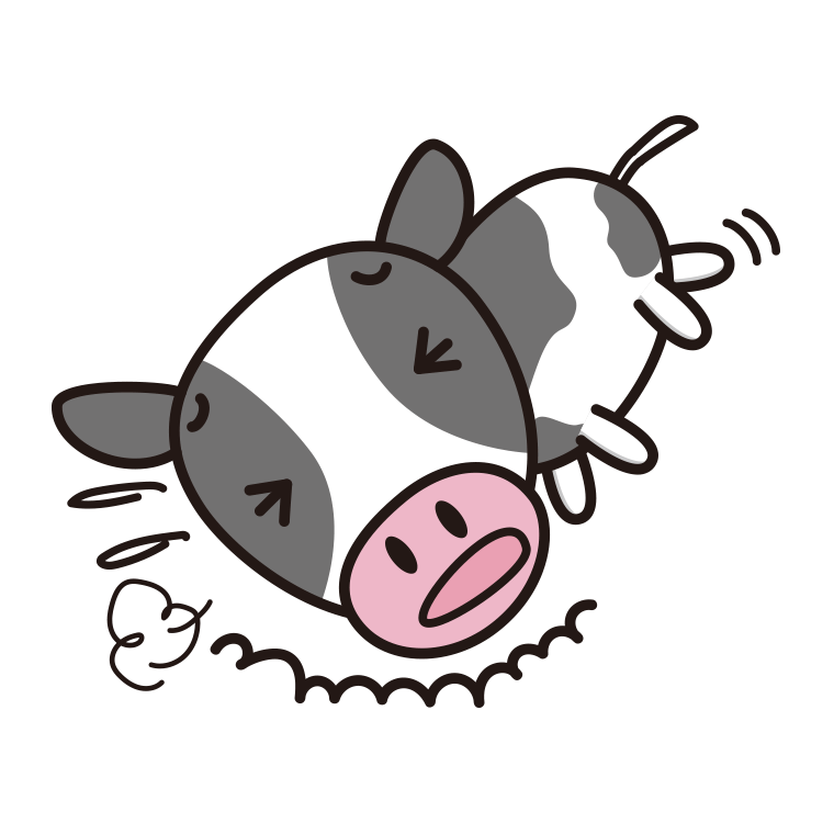 ズッコケる牛ちゃんのイラスト【色あり、背景なし】透過PNG