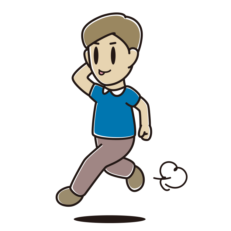 走りながらテヘヘな男性のイラスト【色あり、背景なし】透過PNG