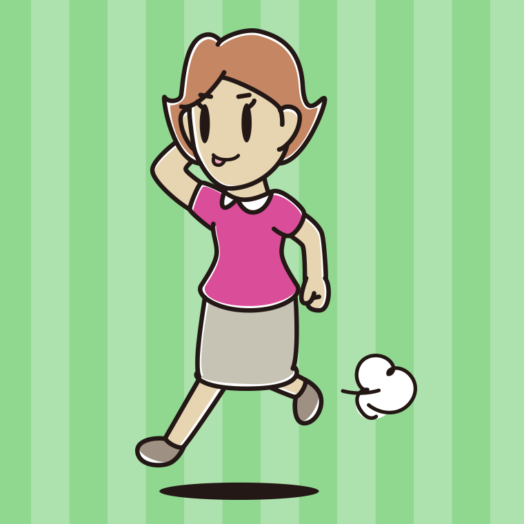走りながらテヘヘな女性のイラスト【色、背景あり】PNG