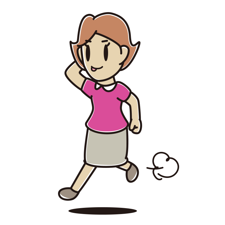 走りながらテヘヘな女性のイラスト【色あり、背景なし】透過PNG