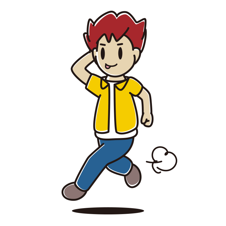 走りながらテヘヘな男子大学生のイラスト【色あり、背景なし】透過PNG