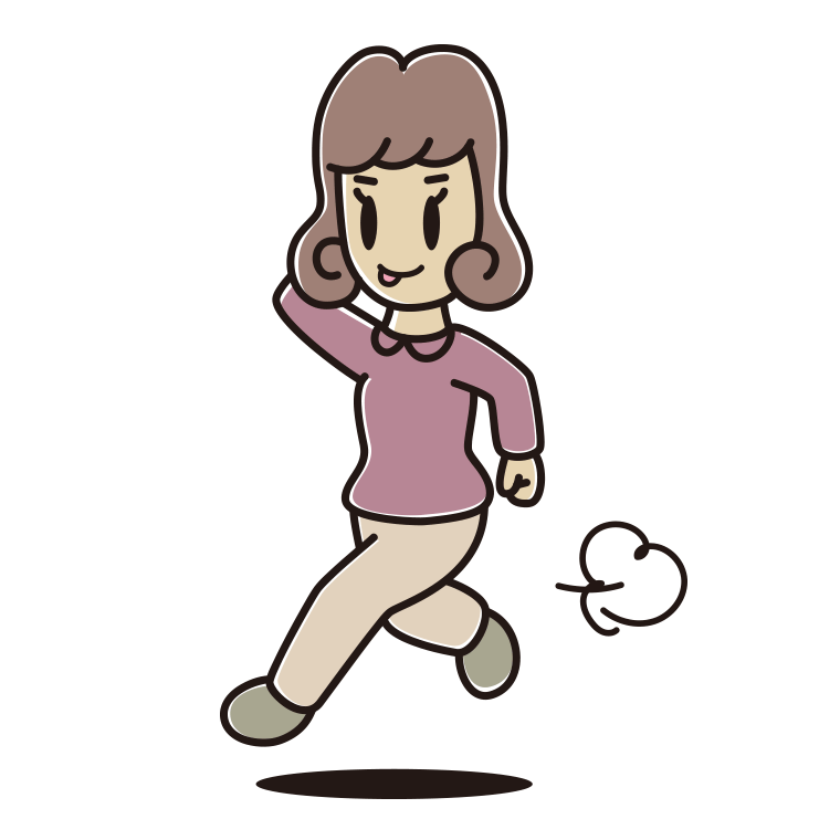 走りながらテヘヘな女子大学生のイラスト【色あり、背景なし】透過PNG