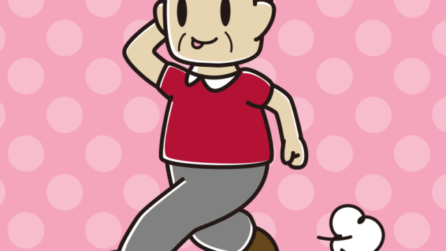 走りながらテヘヘなおじさんのイラスト【色、背景あり】PNG