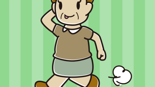 走りながらテヘヘなおばさんのイラスト【色、背景あり】PNG