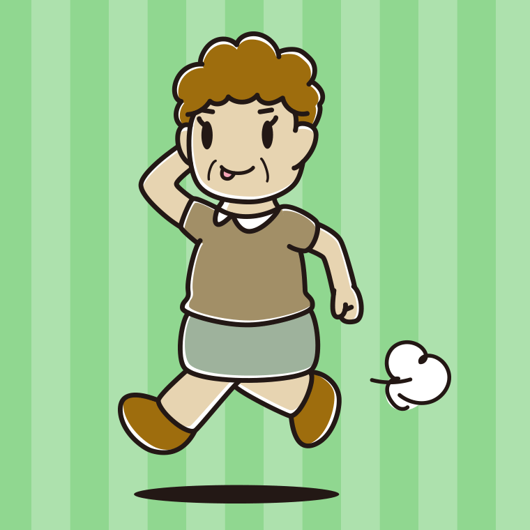 走りながらテヘヘなおばさんのイラスト【色、背景あり】PNG