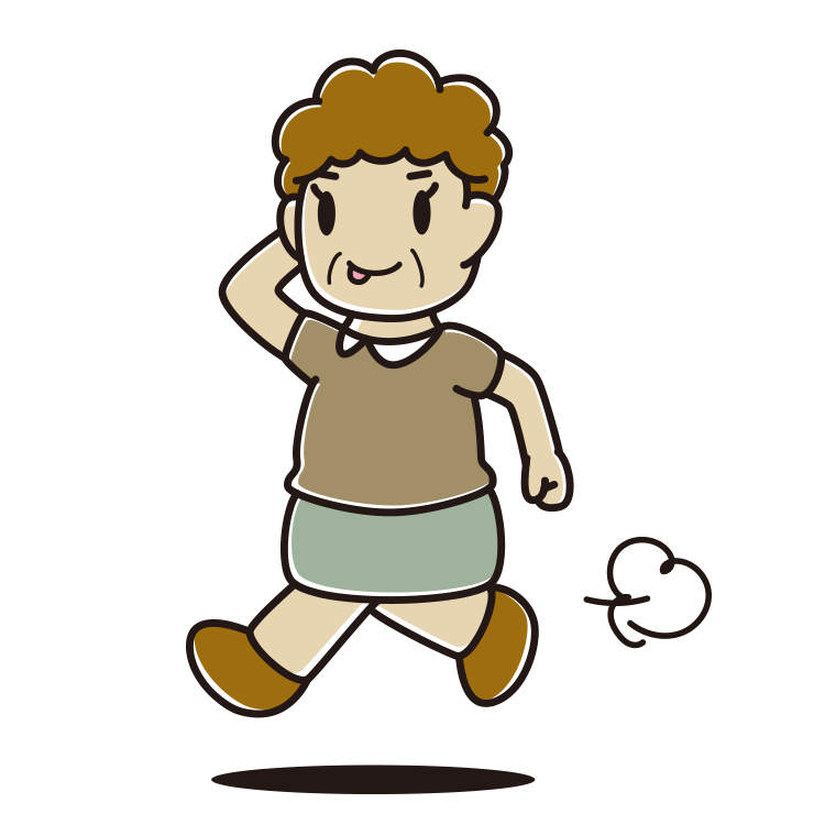 走りながらテヘヘなおばさんのイラスト【色あり、背景なし】透過PNG