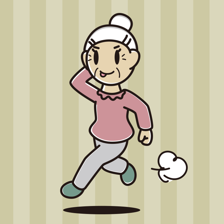 走りながらテヘヘなおばあさんのイラスト【色、背景あり】PNG