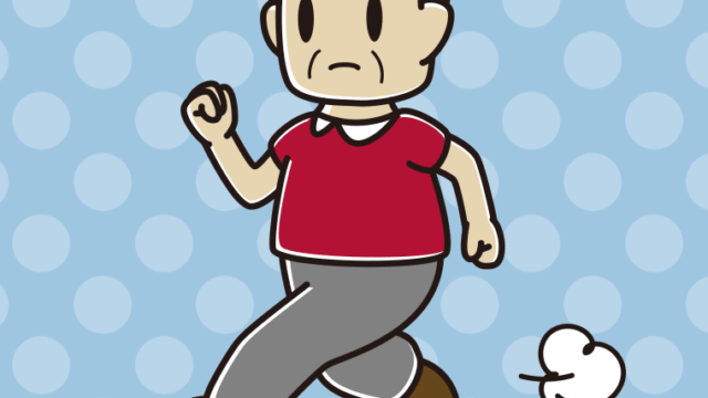 走っていて何かに気付くおじさんのイラスト【色、背景あり】PNG