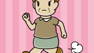 走っていて何かに気付くおばさんのイラスト【色、背景あり】PNG