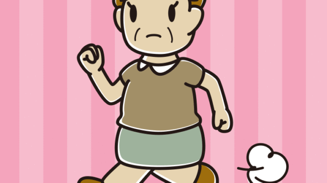 走っていて何かに気付くおばさんのイラスト【色、背景あり】PNG