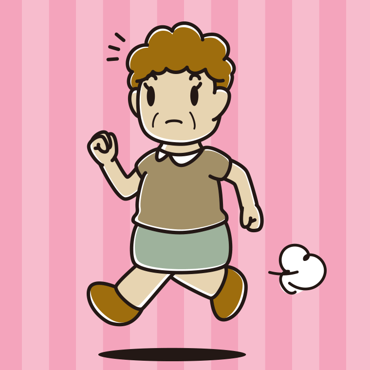 走っていて何かに気付くおばさんのイラスト【色、背景あり】PNG